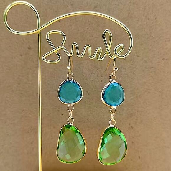 Gold Vintage Gemstone Crystal Blue Green Dangle Earrings - Picture 2 of 4